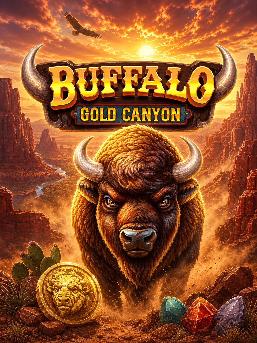Buffalo Gold Canyon portrait artwork with a buffalo in a sunset canyon