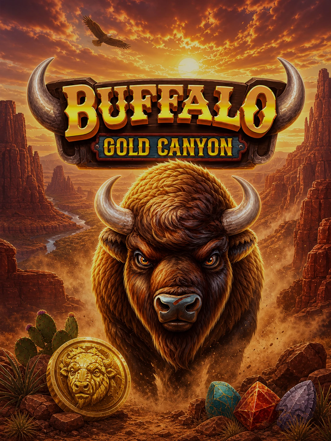 Buffalo Gold Canyon portrait artwork with a charging buffalo